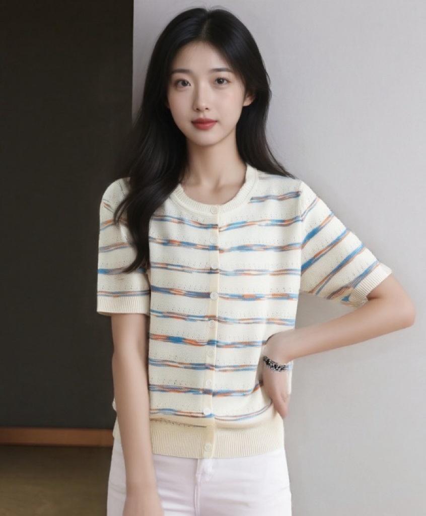 Womens French Chanel-style Striped Ice Silk Knit Top With Short Sleeves
