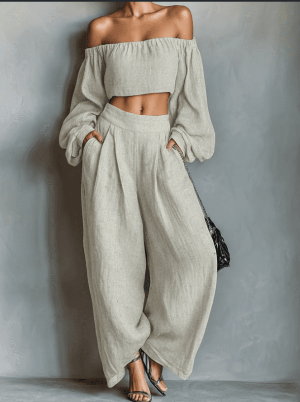 2026 New Off Shoulder Lantern Sleeves Linen Two-piece Set