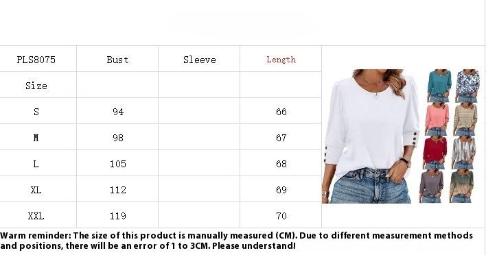 Women's Printed Elegant 34 Sleeves Round Neck T-shirt With Buttons