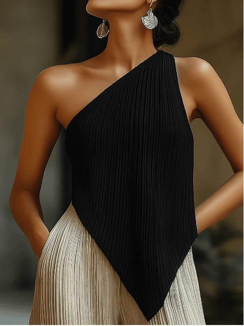 Women's Pleated One Shoulder Top, Asymmetrical Hem Sleeveless Cami