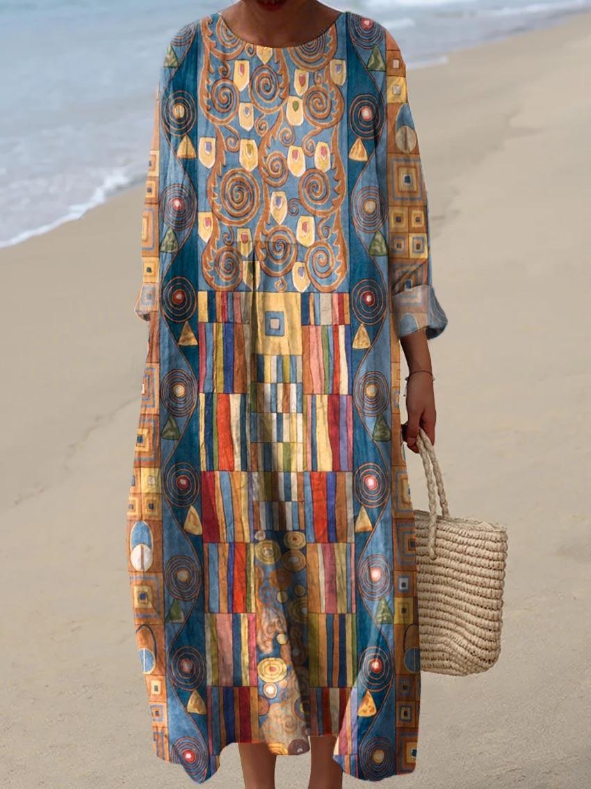 Digital Printing Large Width V-neck Long-sleeve Dress