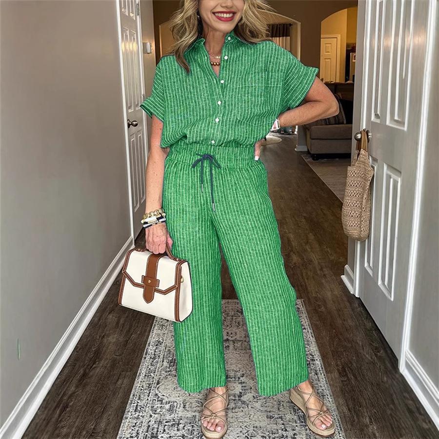 Women's Striped Suit Lapel Short Sleeve Straight Idle Style Trousers