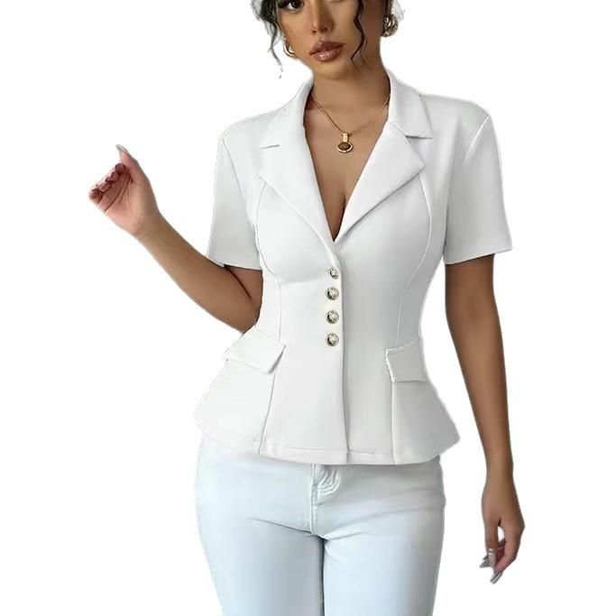 Womens Lapel Four-button Short-sleeve Jacket