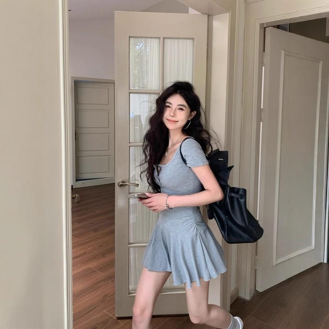 Gray U-neck Slim-fit Short Sleeve Dress Women