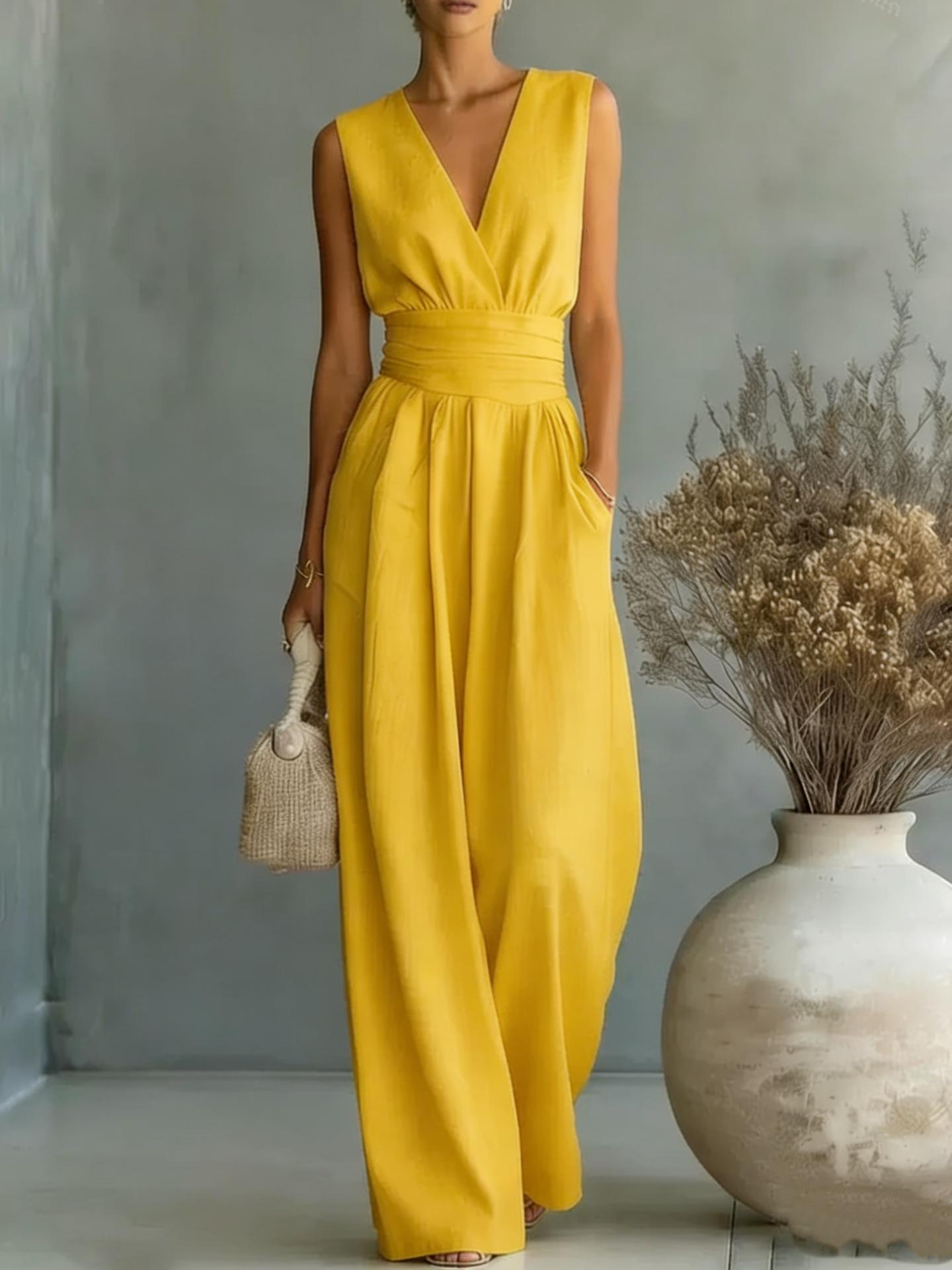 Womens Elegant Sleeveless Waist-Cinching V-Neck Sophisticated Jumpsuit