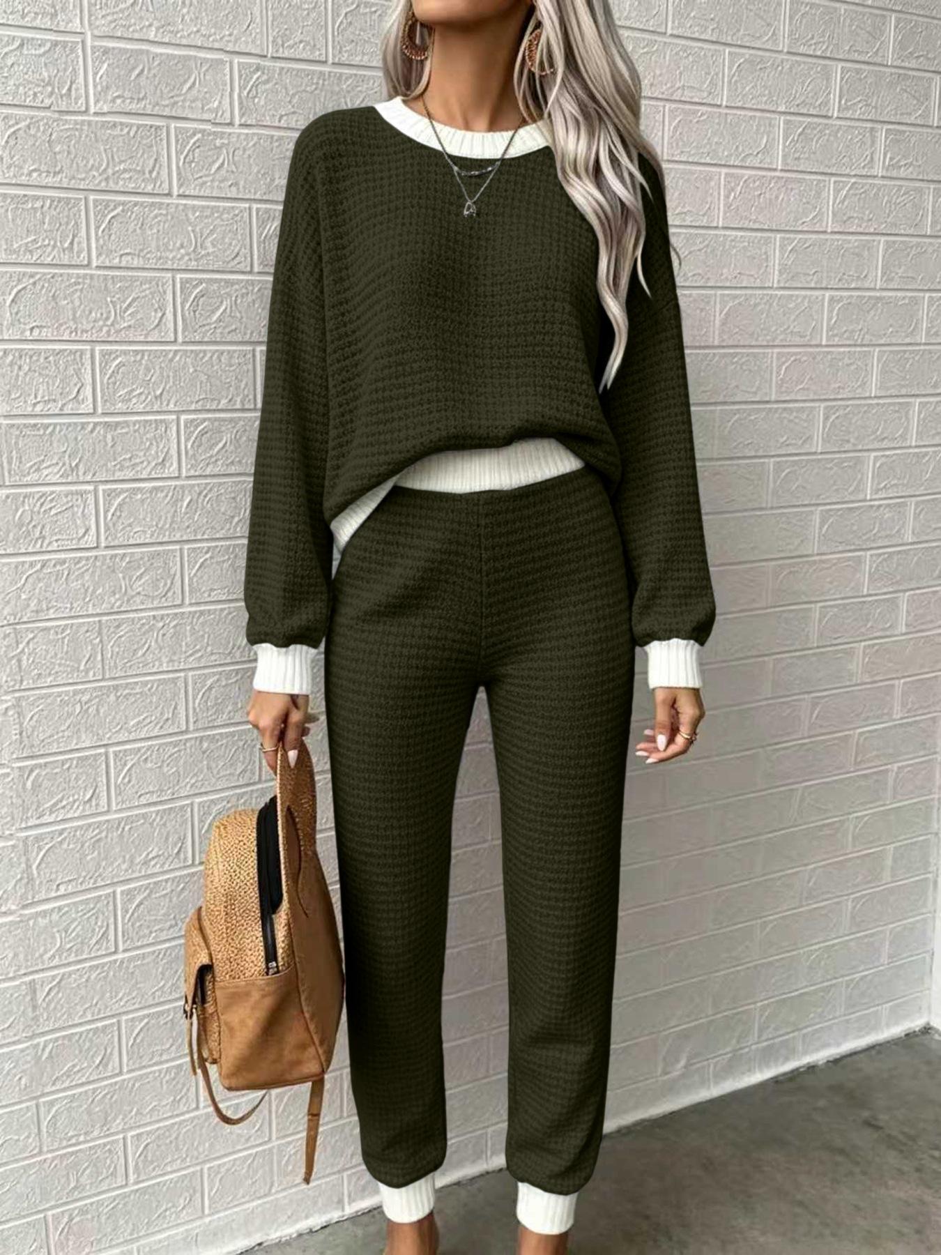 Womens Casual Waffle-Weave Drawstring Crew-Neck Sweatshirt And Pants Two-Piece Set