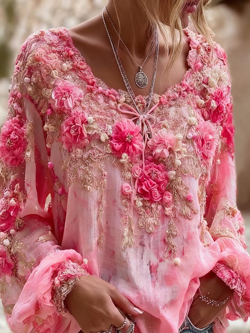 Women's Bohemian Style V-Neck Long Sleeve Shirt - Loose Printed Top