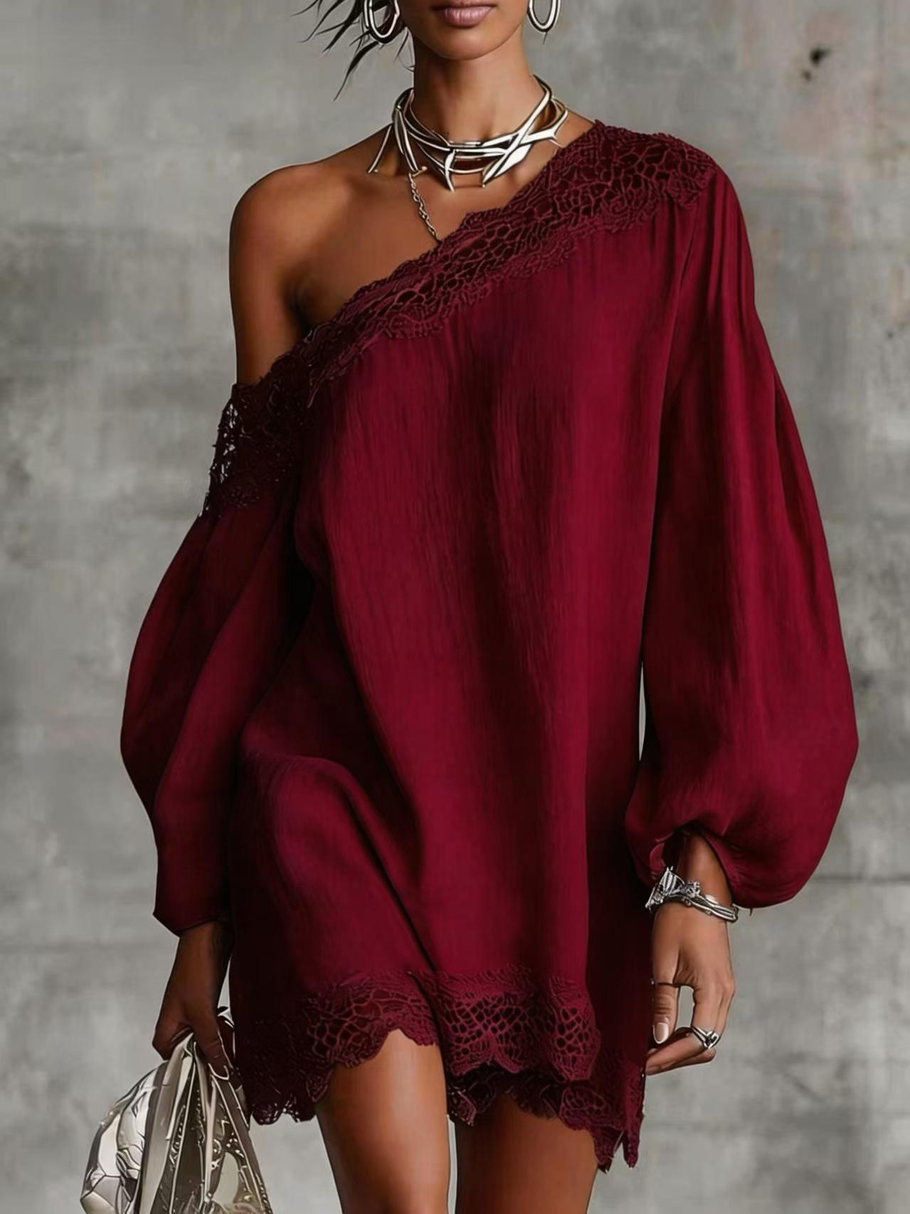 Solid-color Lace-trimmed Casual Off-shoulder Long-sleeve Top