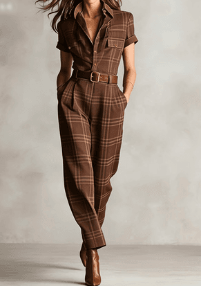 Vintage Plaid Lapel Short-sleeve Waist-cinched Utility Jumpsuit