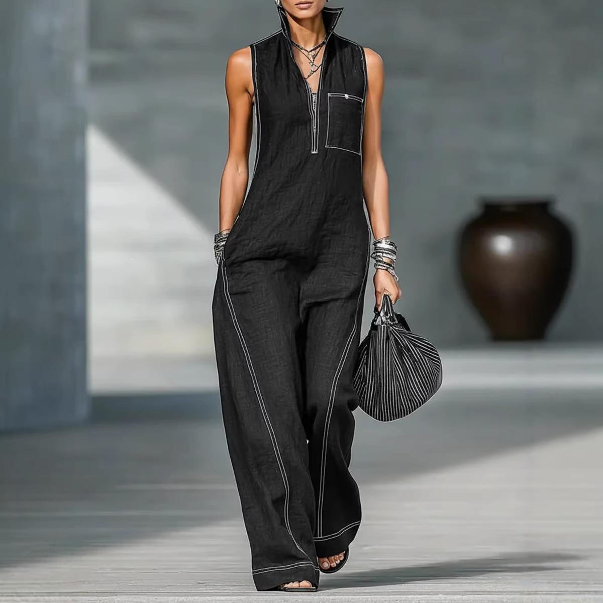 Womens Collarless Sleeveless Casual Loose Cotton-Linen Jumpsuit