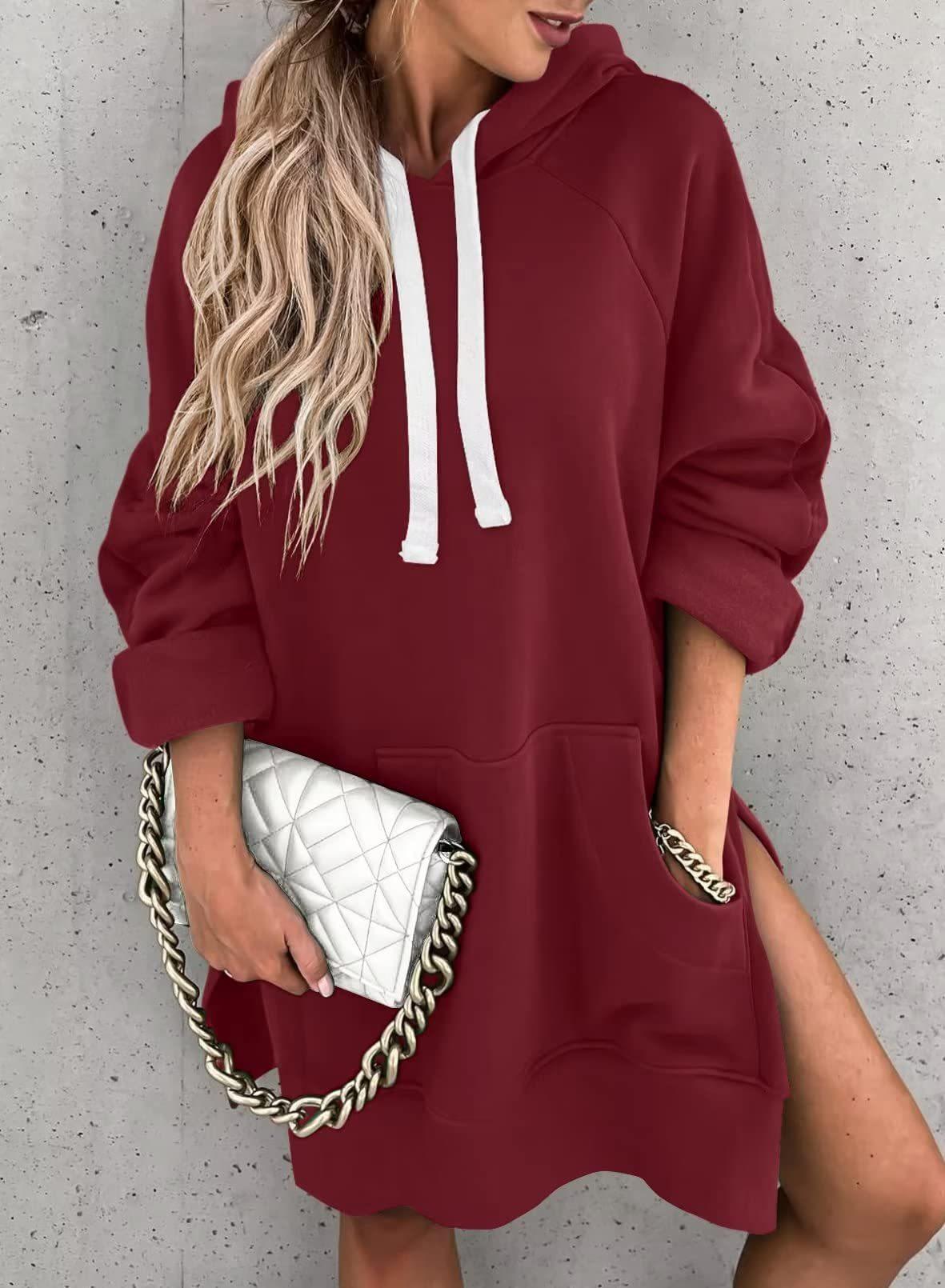 Women's Hooded Sweatshirt With Pockets Fashion Casual Split Mid-length Sweater Drawstring Tops