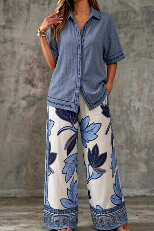 Summer Womens Shirt Set With A Digital-print Collar