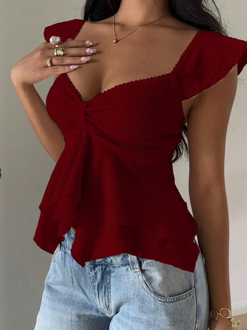 Hot Girl Slim-fit Solid Color V-neck Ruffle Top