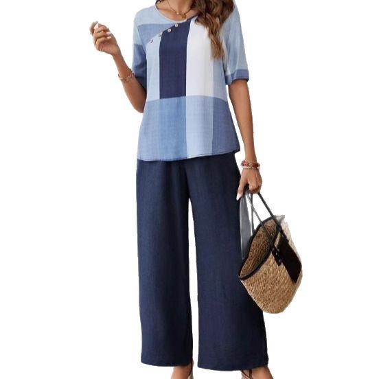 Woven Geometric Printed Top Solid Color Pants Fashion Casual Set