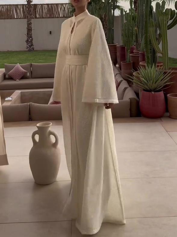 Cream Embroidered Stand Collar Tie-Waist Slit Robe Dress