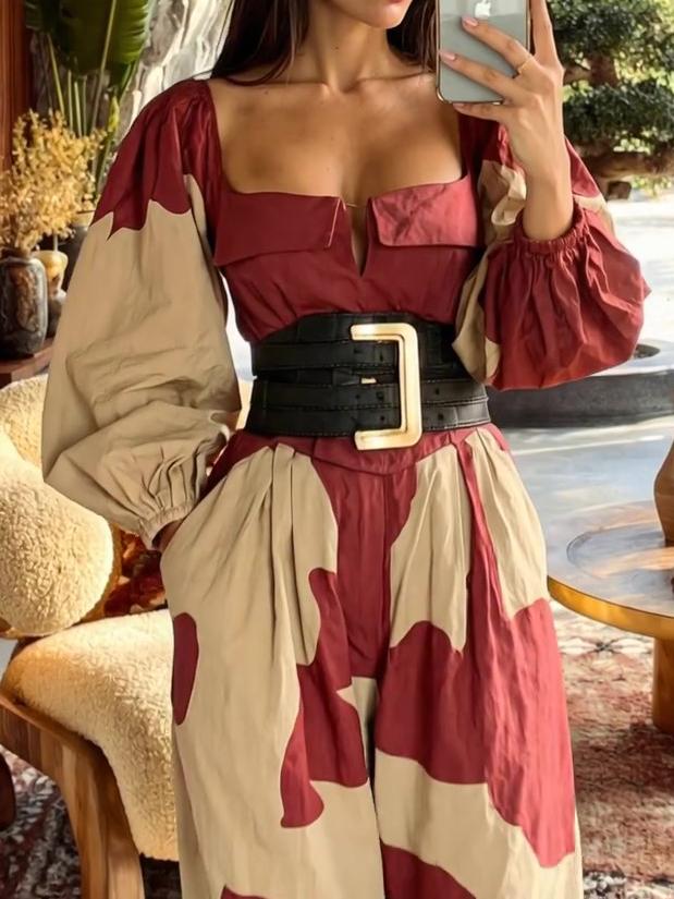 Red-Brown Colorblock Square Neck Puff-Sleeve Waist-Cinched Jumpsuit