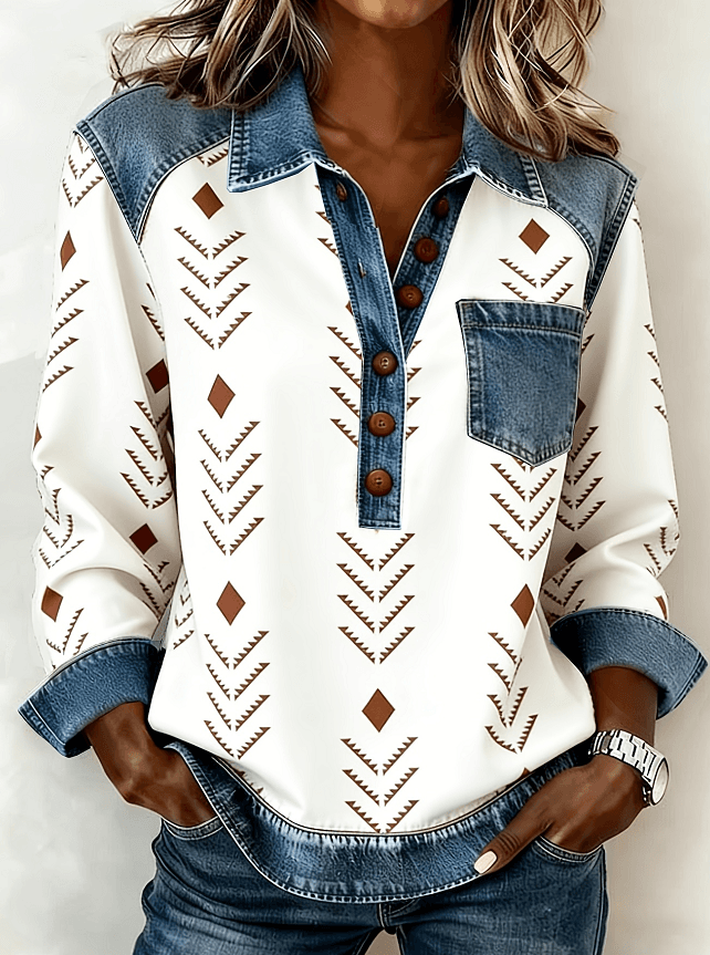 Denim Patchwork Collar Button-down Casual Long-sleeved Top