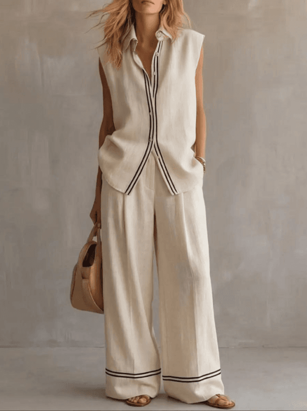 2026 New Beige Linen Style Contrasting Stripe Set