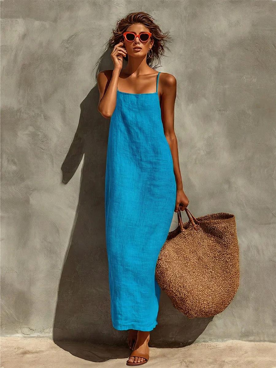 Spaghetti Strap Dress Women's Summer New Solid Color Casual Loose & Comfortable Long Dresses