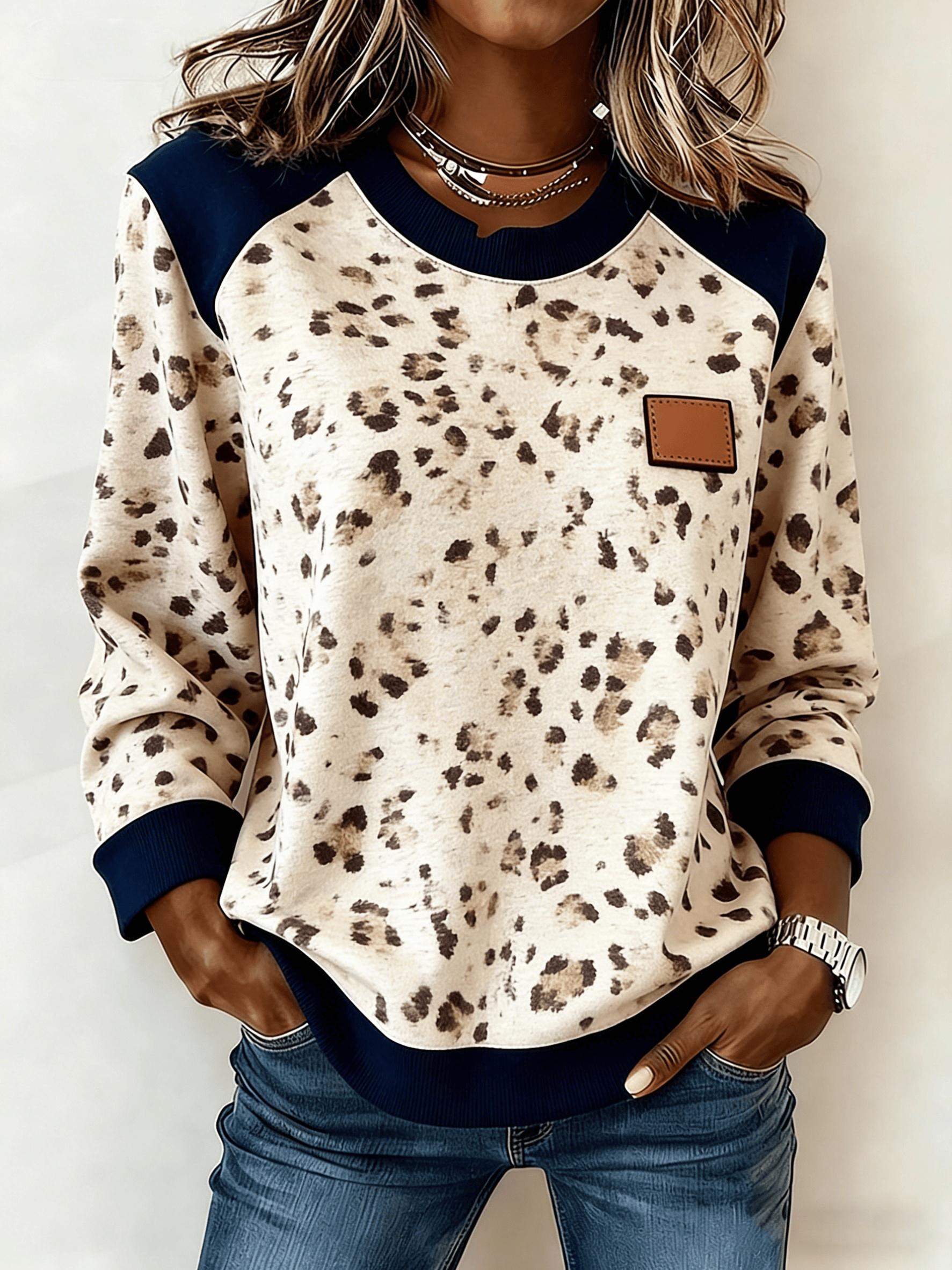 Casual Round Neck Color-blocked Printed Long-sleeved Loose Top