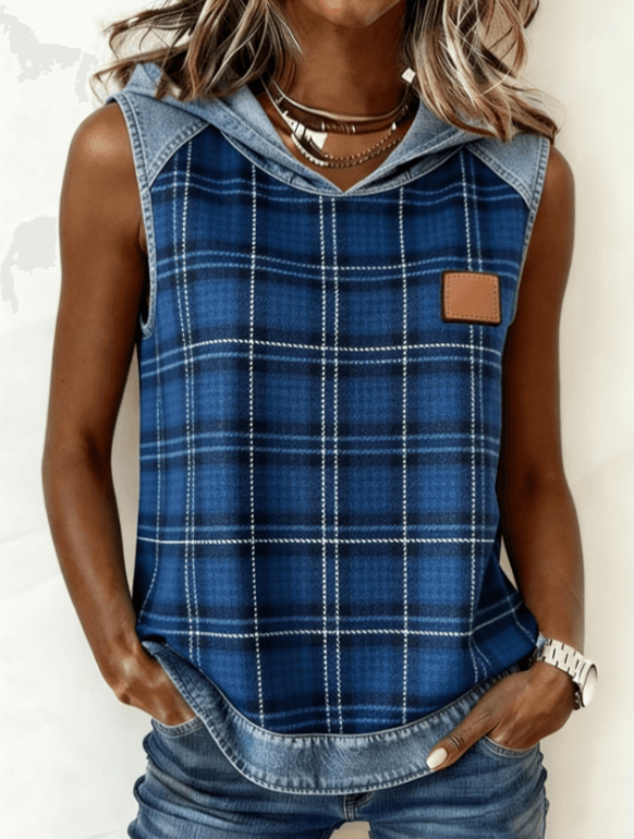 Casual Hooded Sleeveless Patchwork Denim-trimmed Loose-fitting Vest Sweatshirt For Women