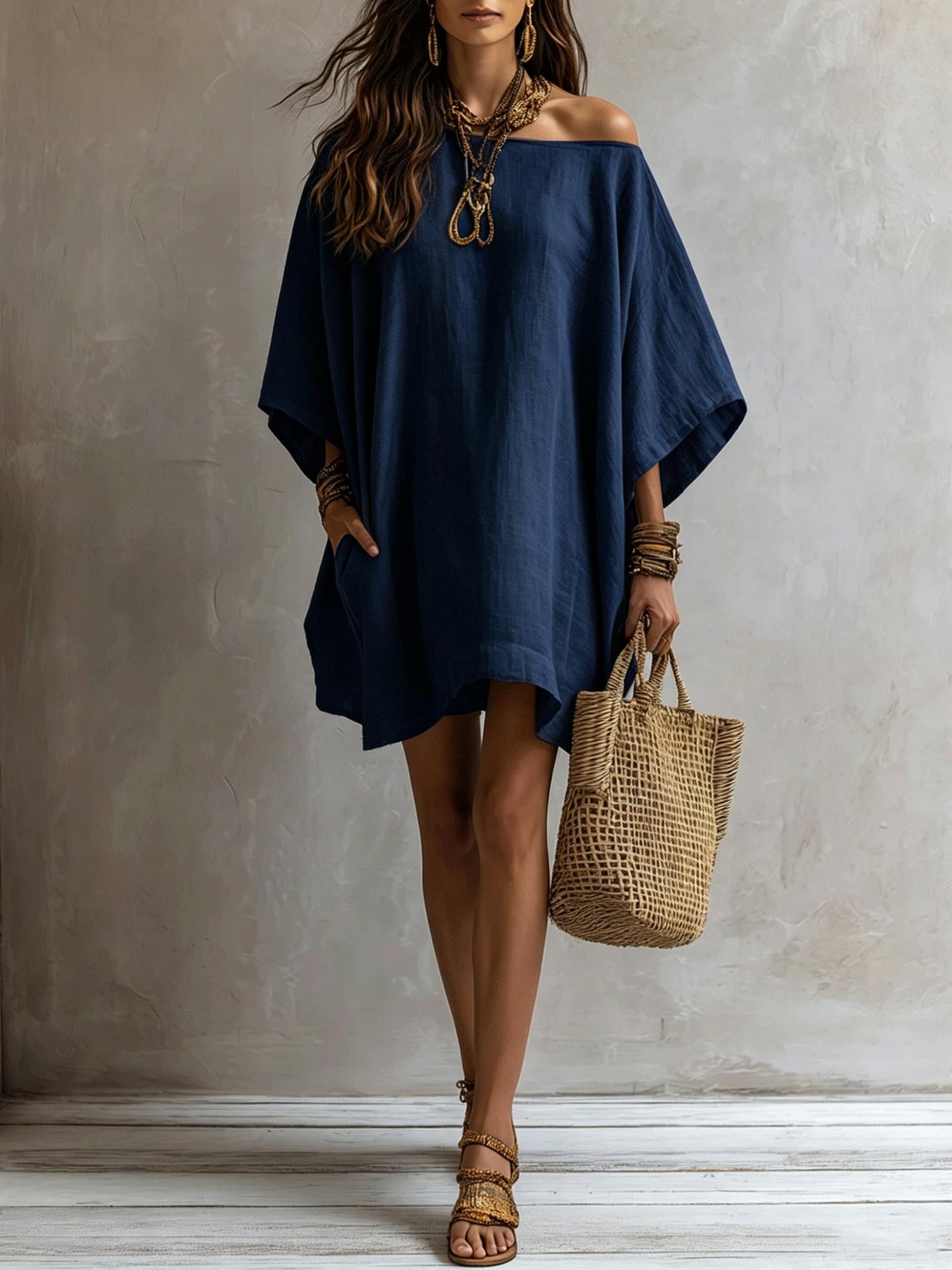 Off-shoulder Loose-fitting Batwing-sleeve Dress For Women
