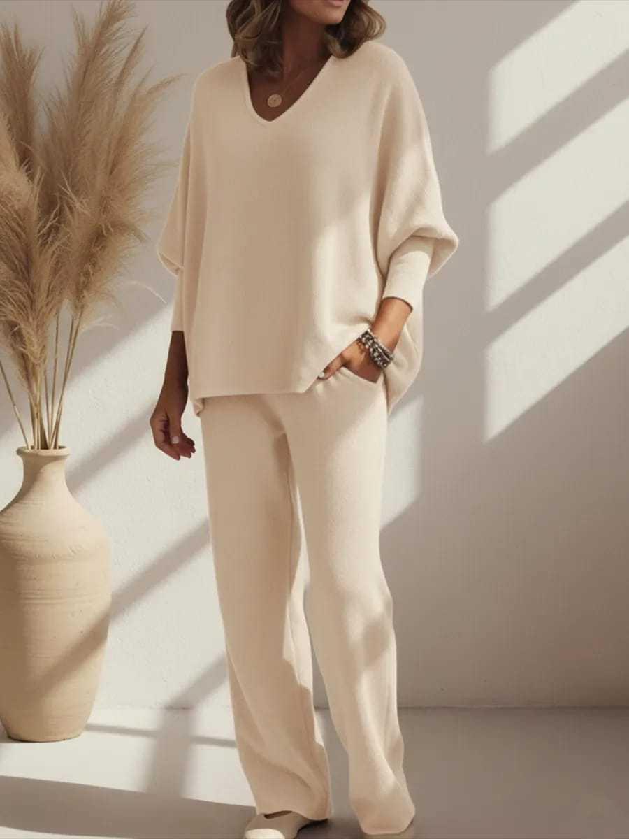 V-neck Long-sleeved Top Knitted Home Pants Suit 2-piece Set