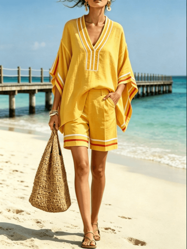 Yellow Striped Trim V Neck Batwing Sleeve Top And High Waist Shorts Two Piece Outfit Set