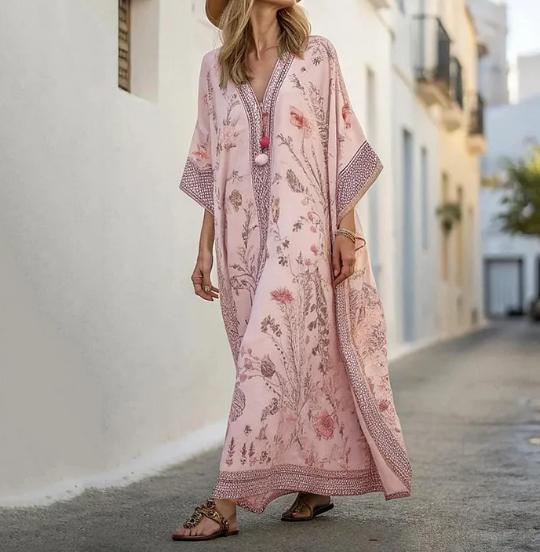 Long Sleeve Kaftan Linen Vacation Maxi Dress