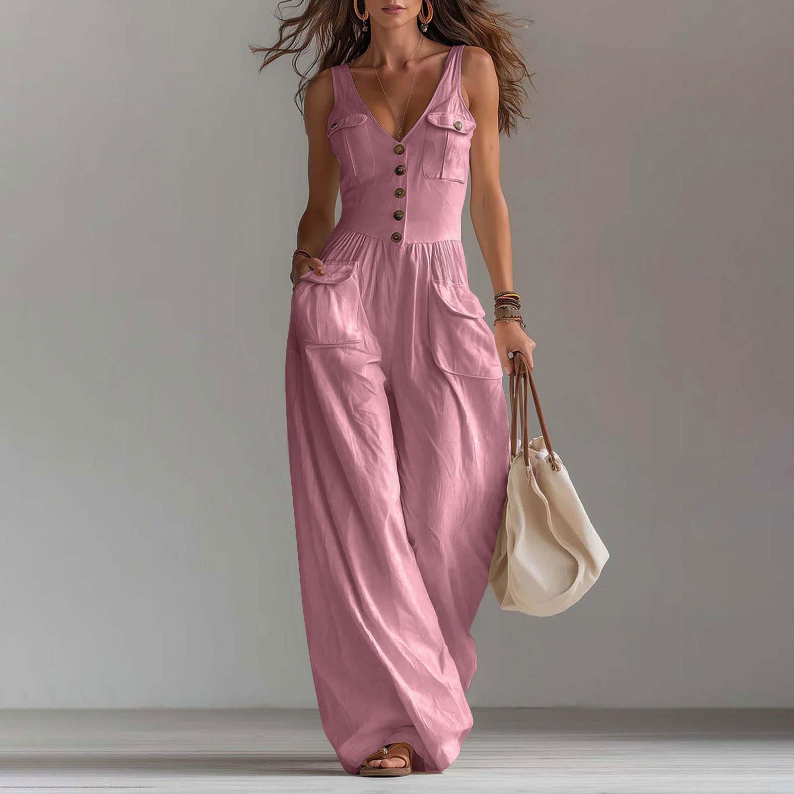 Casual Sleeveless Wide-leg Jumpsuit With Patch Pockets