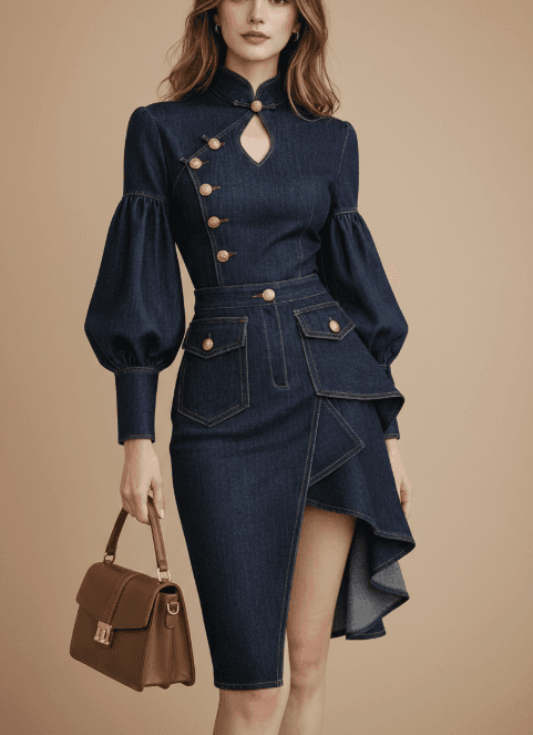 Architectural Indigo Denim Midi Dress-Military Gold-Tone Hardware & Bishop Sleeves