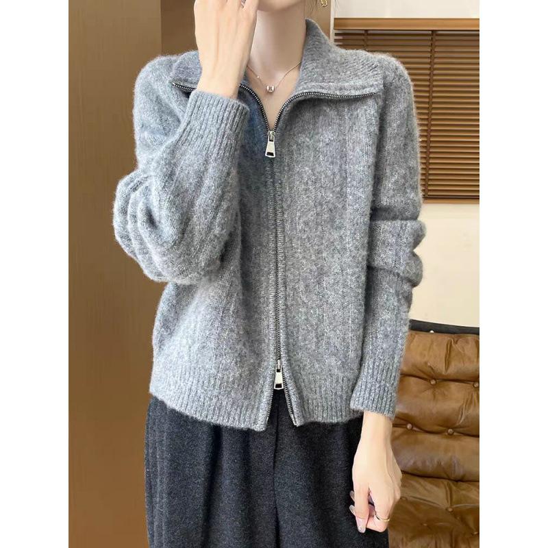 Womens Twist-Open Cardigan With Double Zippers And Lapel Collar