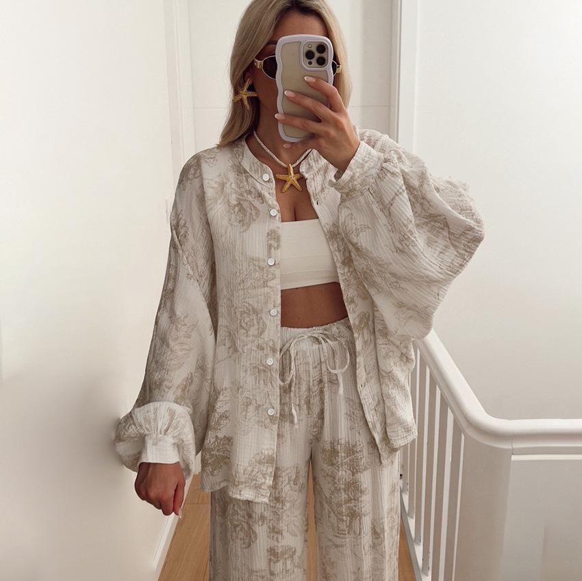 Breathable Long-sleeve Long-pants Cotton Pajamas For Women