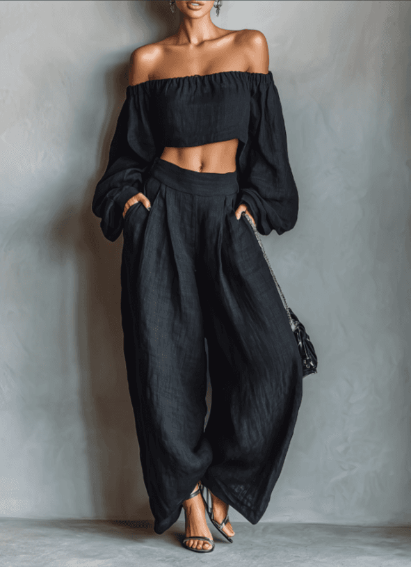 2026 New Off Shoulder Lantern Sleeves Linen Two-piece Set