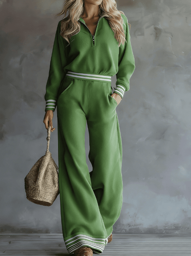 Phnom Penh Stripe Stand-Collar Half-Zip Sweatshirt And Wide-Leg Pants Two-Piece Set