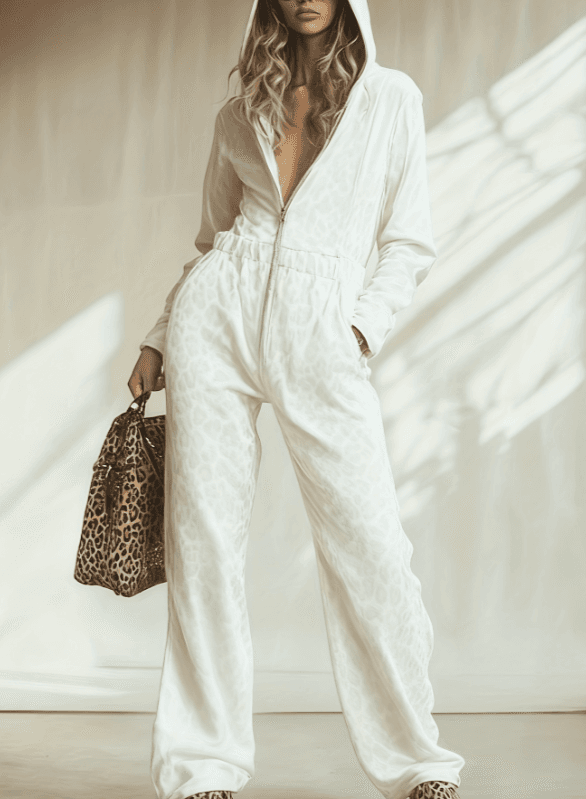 Leopard Print Velvet Hooded Zip-up Jumpsuit