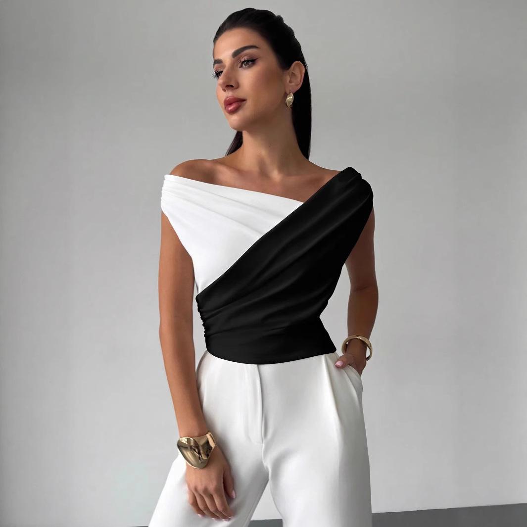 Color-blocked Asymmetric Shoulder Ruffled Hem Slim-fit Versatile Elegant Commuter Top
