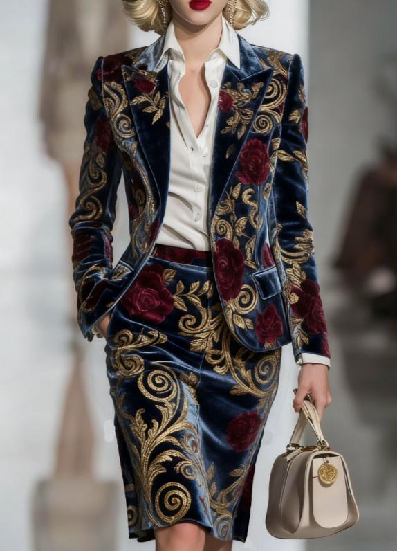 Elegant Velvet Printed Suit And Pencil Skirt Set