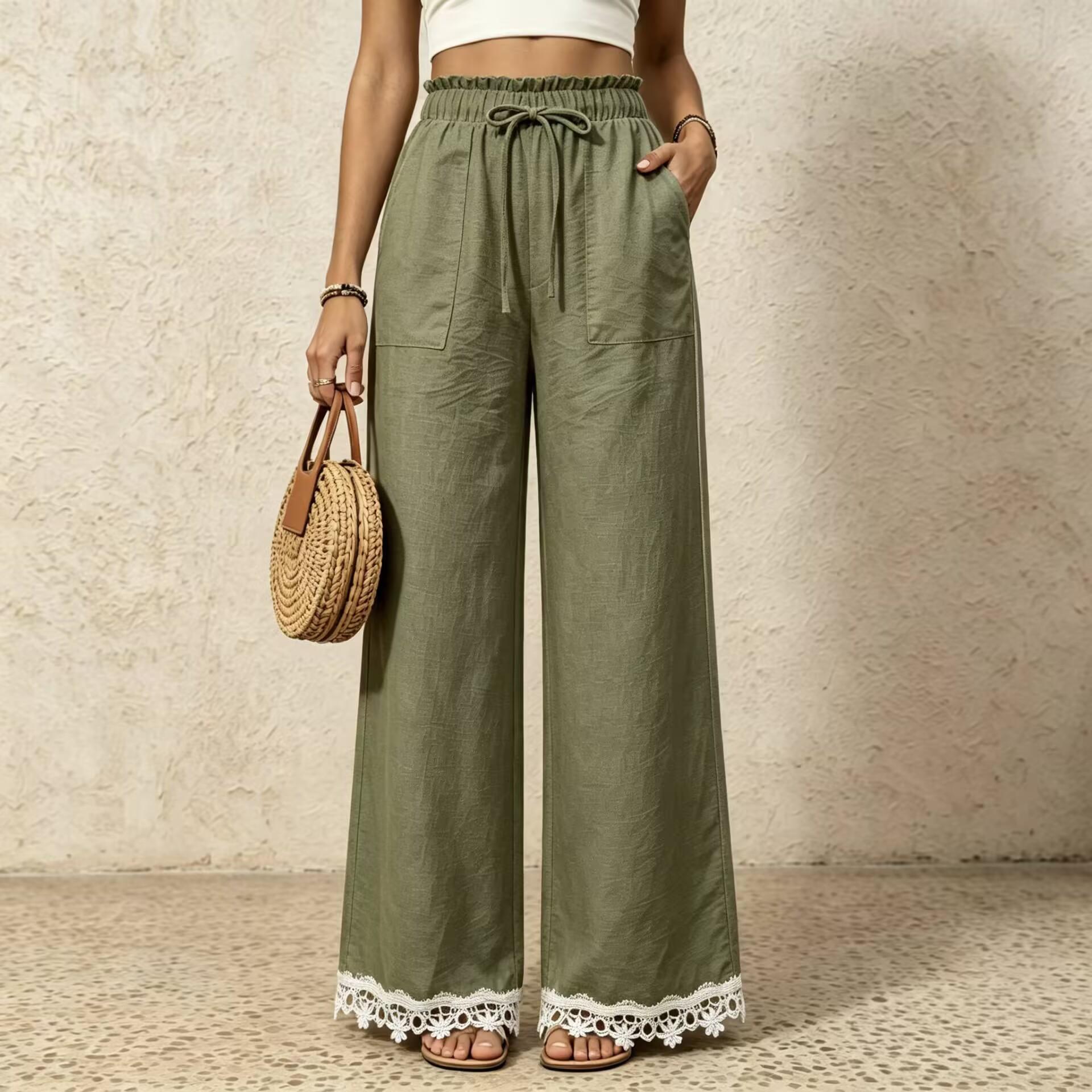 Womens New Lace-trimmed Loose-fit Wide-leg Casual High-waist Straight-leg Trousers