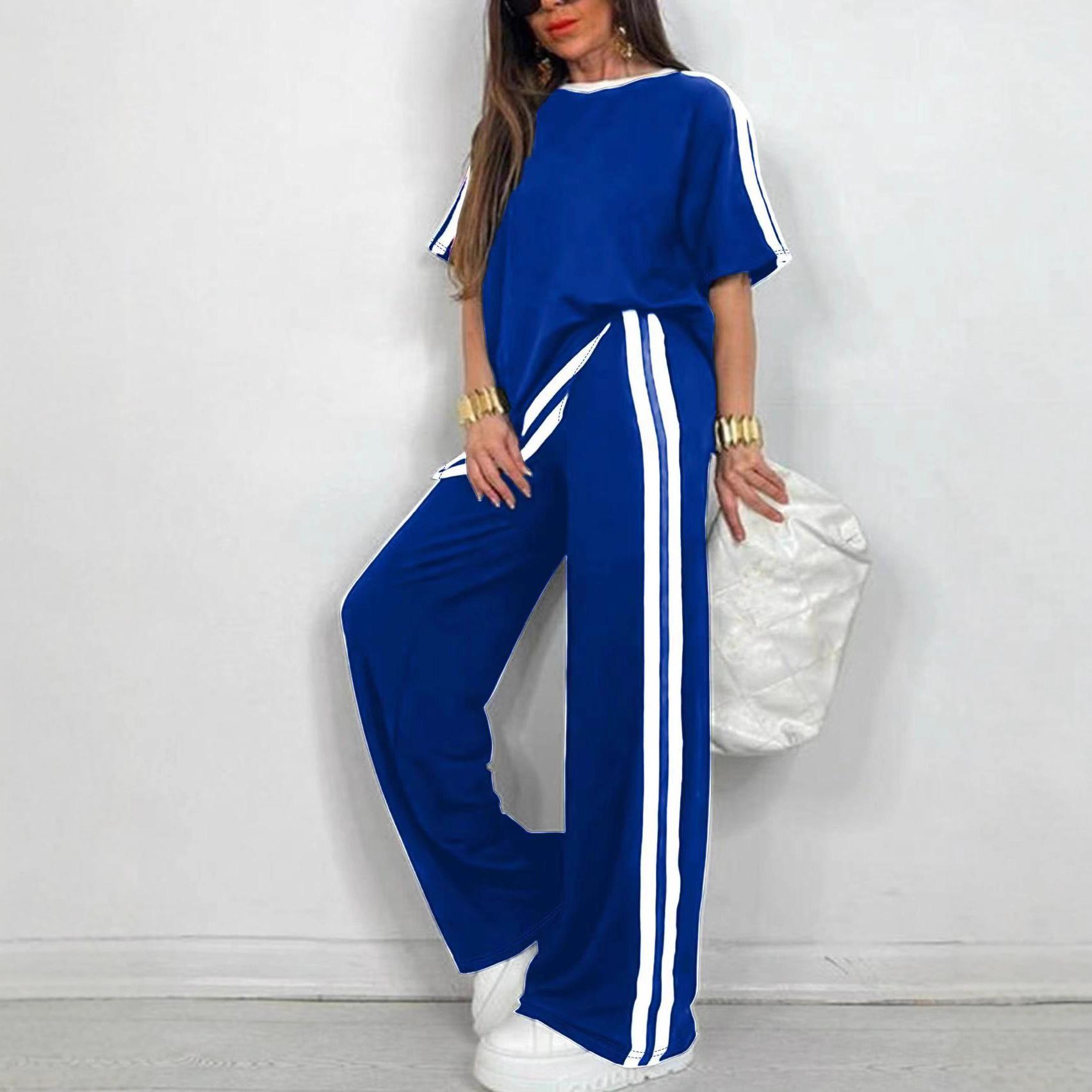 Fashionable Casual Striped Pants And Short-Sleeve Crew-Neck Set