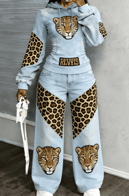 Trendy Cool Distressed Denim Hoodie And Wide-Leg Pants Two-Piece Set