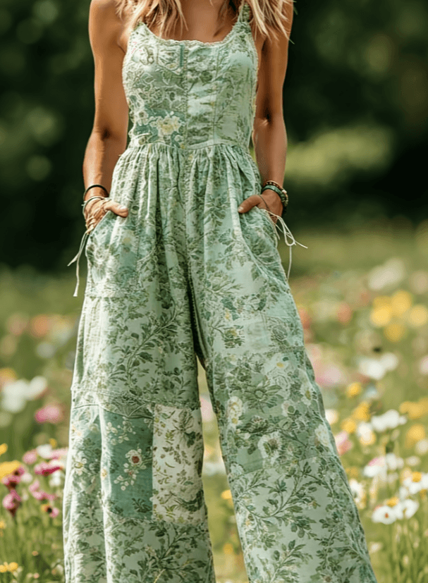 Women's American Retro Print Strappy Wide-Leg Jumpsuit