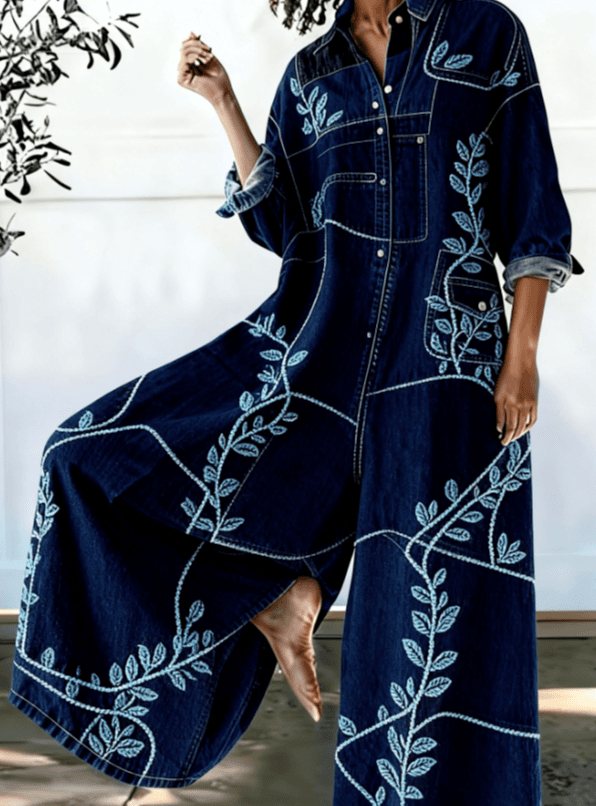 Loose-fitting Long-sleeved Casual Jumpsuit With Patchwork Design
