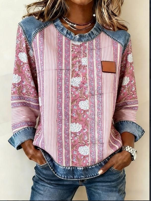 Casual Round Neck Color-blocked Printed Long-sleeved Loose Top