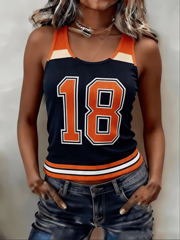 Navy Orange Color Block 18 Print Ribbed Tank Top