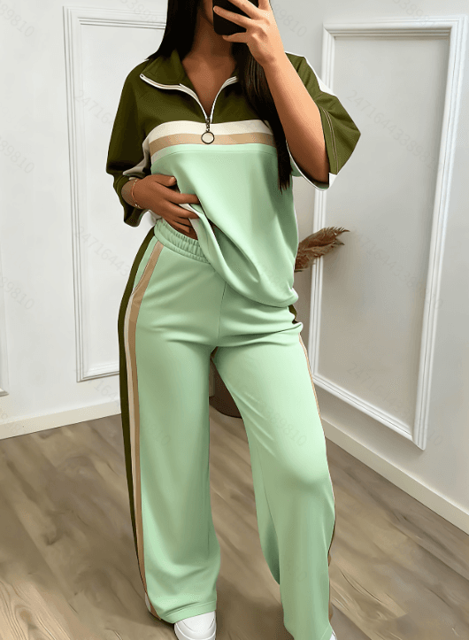 Color-block Stand-collar Short-sleeve Wide-leg Pants Two-piece Set