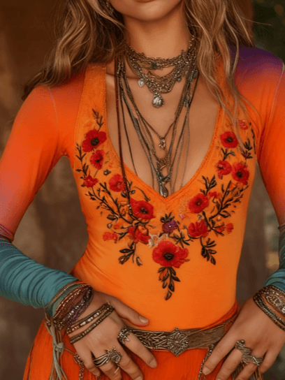 Color-blocked Floral Print Deep V-neck Slim-fit Long-sleeved Top For Women, Bohemian Style Base Layer.
