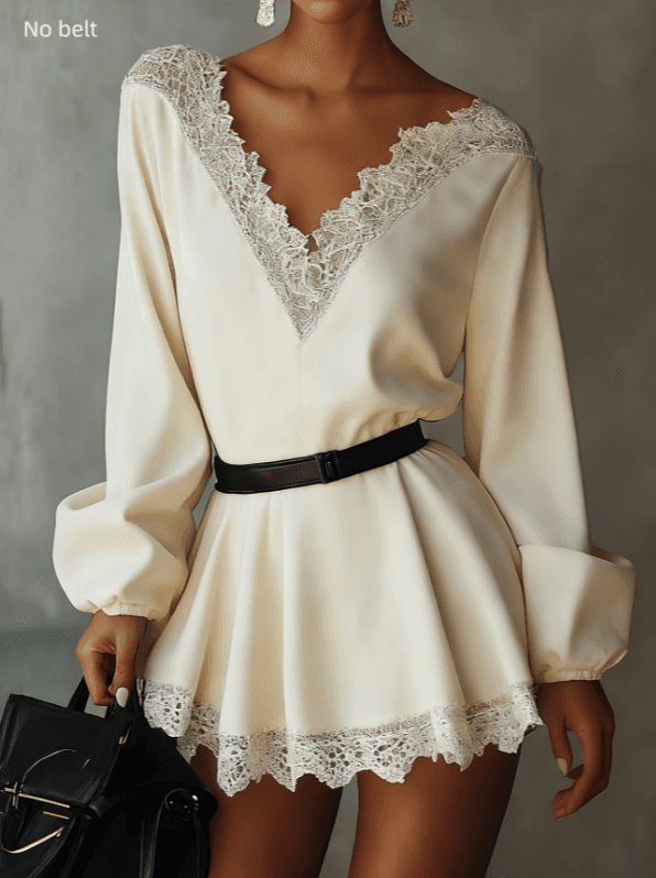 Lace V-neck Fitted Waist Lantern Sleeve Short Dress, Women's Long-sleeved Elegant Jumpsuit