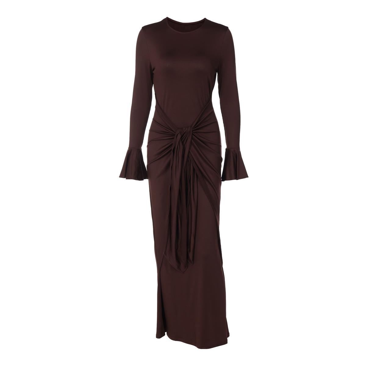 Temperament Waist-controlled Lace-up Round-neck Long-sleeved Dress