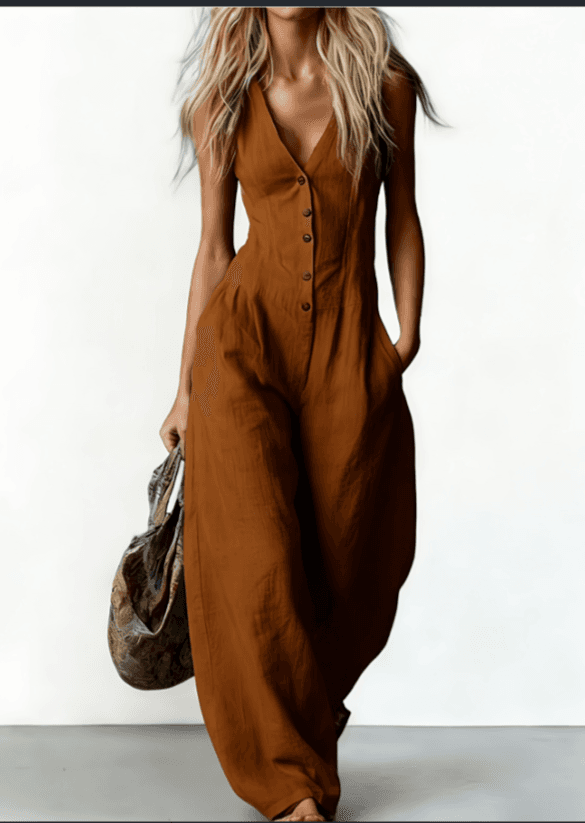 Yunqi White Cotton Deep V Wide-Leg Jumpsuit